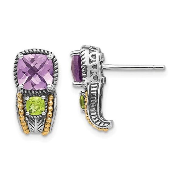 2.00 Carat (ctw) Natural Amethyst and Peridot Post Earrings in Sterling Silver